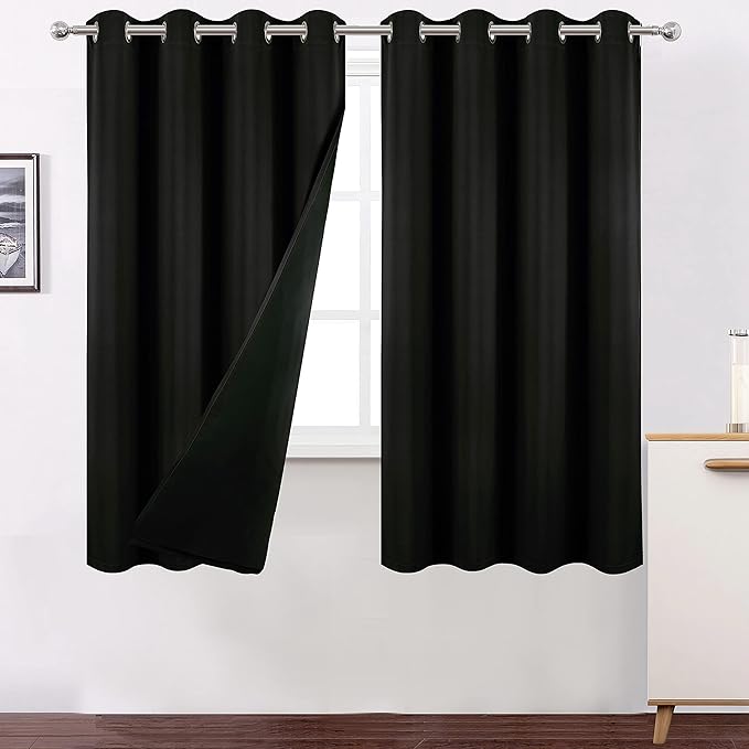 LEMOMO 100% Blackout Curtains 52 x 63 Inch/Black Curtains 2 Panels with Black Lining Room Darkening Thermal Insulated Bedroom Curtains