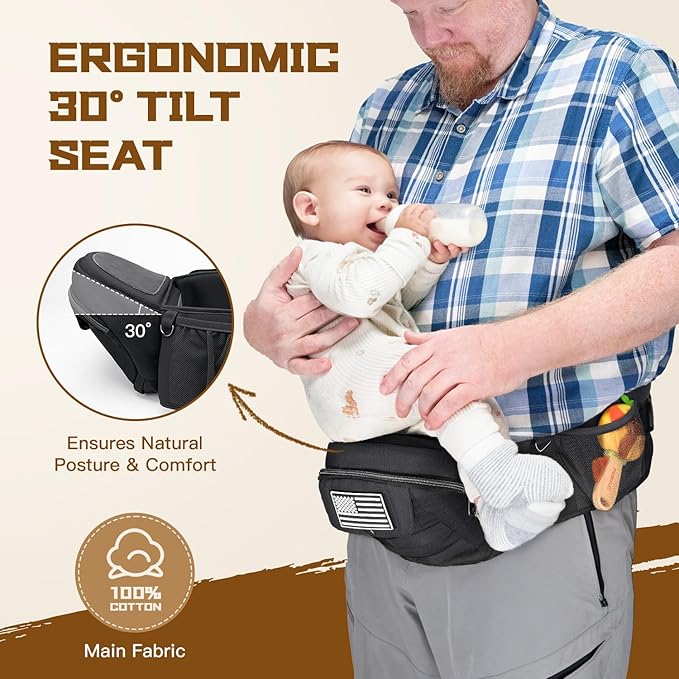 Dinictis Baby Hip Carrier, Ergonomic Waist Carrier with Hip Seat for Newborn to Toddler (Up to 45 lbs), Adjustable Wide Waistband, Molle Webbing & Multiple Pockets, Black