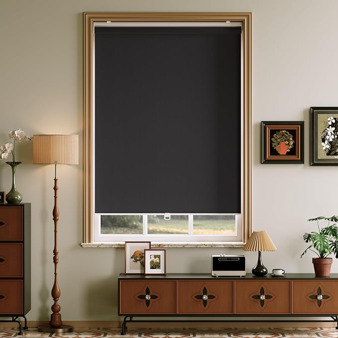 Cordless Roller Shades Blackout Blinds for Windows Room Darkening Rolled Up Shades with Spring System, UV Protection Window Shades Door Blinds for Home and Office (Black, 33" W x 72" H)