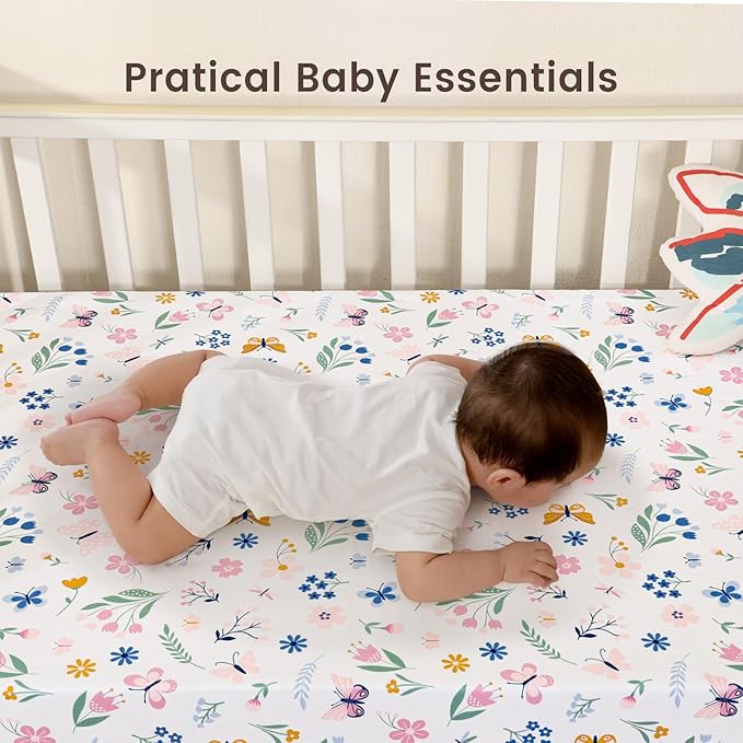david's kids 3 Pack Mini Crib Sheets, Soft Breathable Premium Pack N Play Sheets for Baby Boys Girls Neutral, Playard and Mini Crib Mattresses, Floral & Butterfly