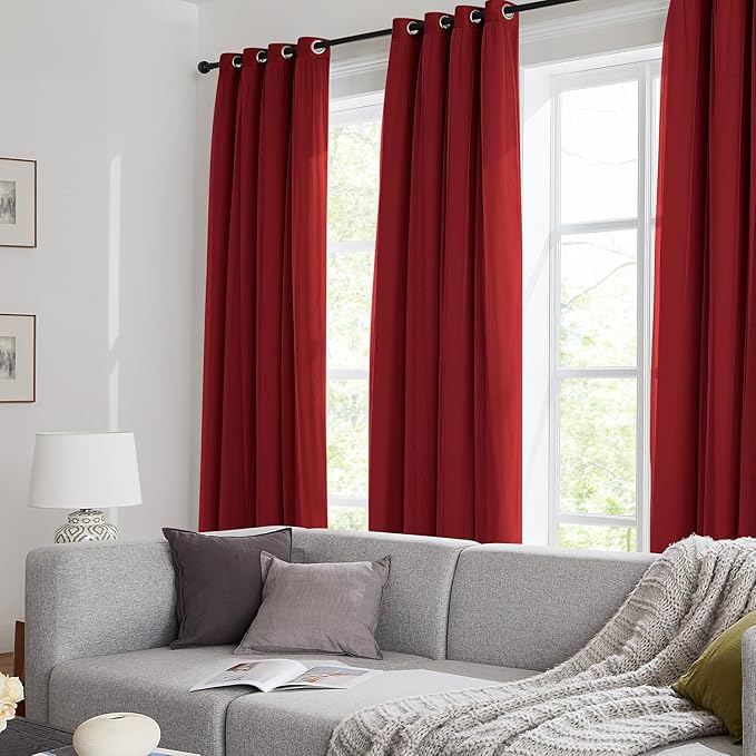 100% Blackout Curtains for Bedroom, Double Layer Red Curtains, Black Out Curtain 63 inch Long with Sheer Overlay for Living Room, Room Darkening Window Drapes with Grommet, 52" W x 63" L