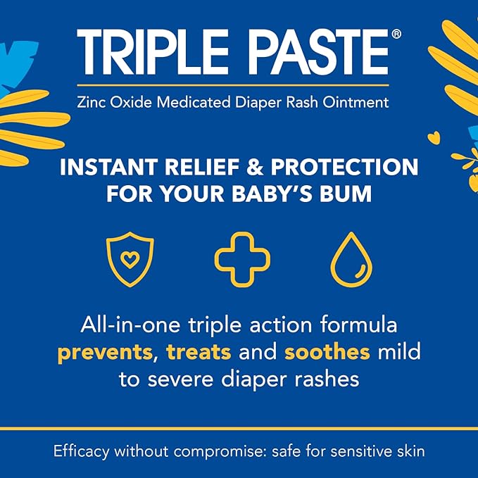 Triple Paste Diaper Rash Cream for Baby, 3 Oz (Pack of 2), Zinc Oxide Ointment Treats, Soothes & Prevents Diaper Rash, Pediatrician-Recommended & Hypoallergenic, Baby Essentials for Daily & Overnight