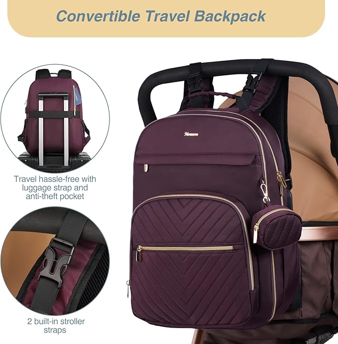 MOMUVO Diaper Bag Backpack, Quilted Baby Bag with Changing Pad & Stroller Straps & Pacifier Case, Large Travel Diaper Bags for Mom Dad