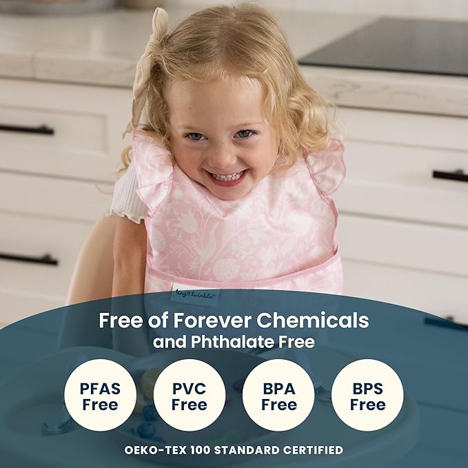 Tiny Twinkle Mess Proof Baby Bib for Girls | Waterproof Toddler Bib for Eating | Baby Apron for Feeding | Machine Washable | Perfect Shower Gift (Bows, 6–24M)