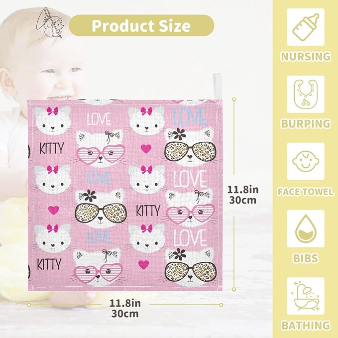 vvfelixl Childish Cats Pattern Baby Burp Cloths Baby Muslin Washcloths for Boys Girl Cotton Baby Face Towel for Newborn Infants Soft and Absorbent 11.8 X 11.8 in, 5 Pack