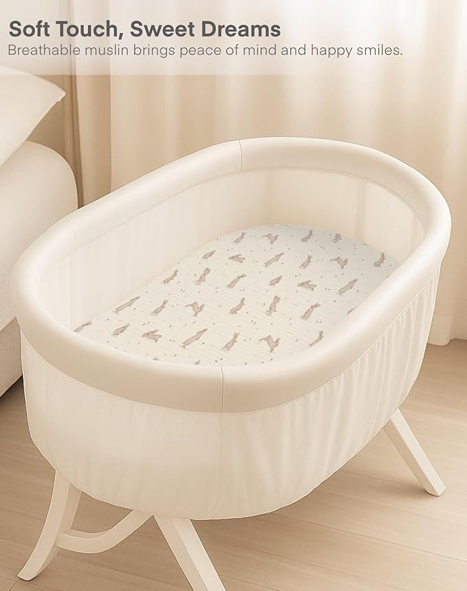 Muslin Bedside Bassinet Sheets 2 Pack, 33x20 Fitted Ultra Soft & Breathable Bedside Sleeper Sheets, Ideal for Baby Girl and Boy, Perfect for Newborns (Bluebell Bloom & Light Blue)