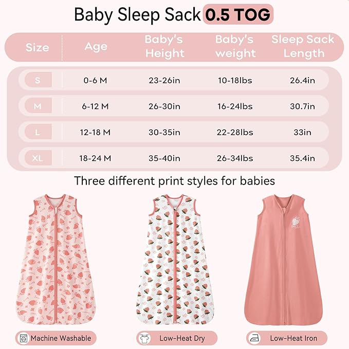 Unnivoll Baby Sleep Sack 6-12 Months 0.5 Tog Wearable Blanket Baby, 3 Pack 100% Cotton Lightweight Sleeping Sack with 2-Way Zipper for Newborn Infant Strawberry