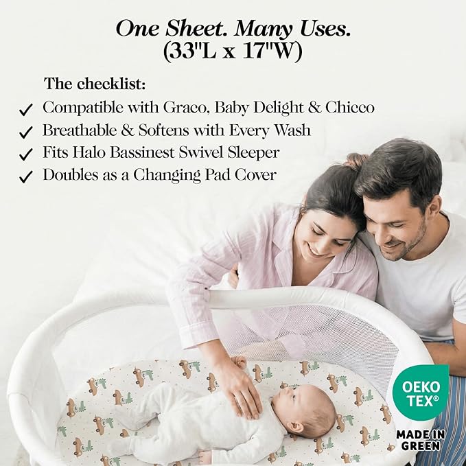 100% Organic Cotton Bassinet Sheets 3-Pack - Fits Baby Delight, Halo Bassinest Swivel Sleeper, Graco & Chicco Bassinet Mattress - Breathable Fitted Bedside Sleeper Sheets for Girls & Boys (33"x17")
