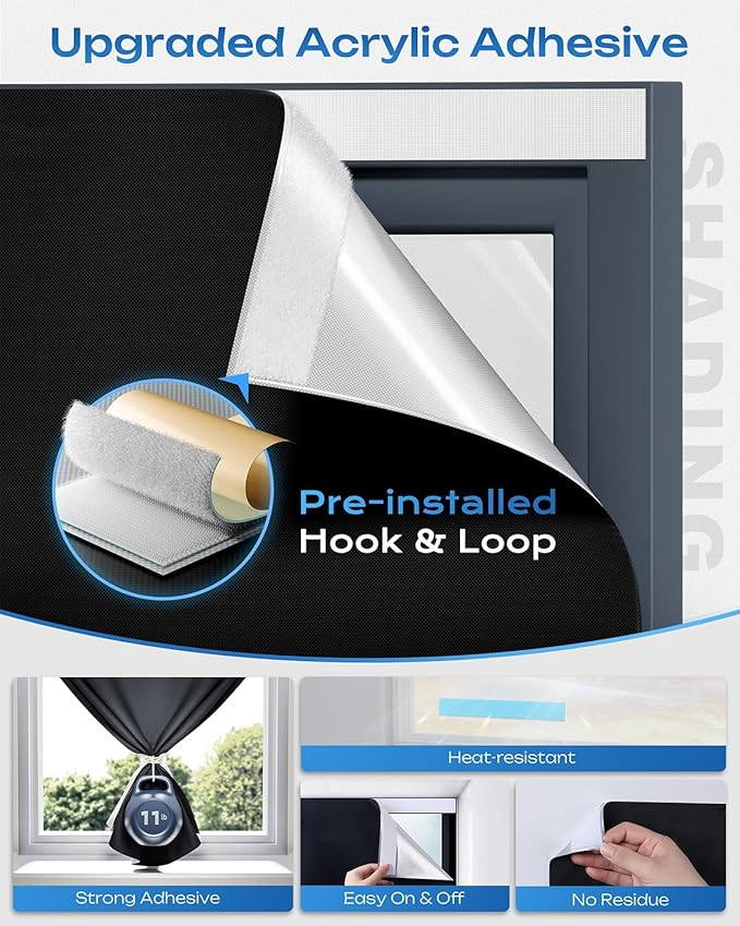 100% Blackout Curtains, Portable No Drill Window Shades, DIY Blackout Window Cover with Hook and Loop, for Bedroom, Baby Nursery, Travel, DormRoom, Apartment (27" x 78")