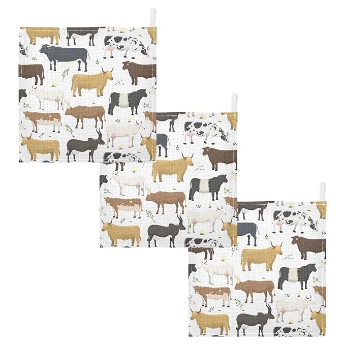 Baby Washcloths Cotton Bulls Cows Cattle Baby Muslin Washcloths Soft Baby Face Towel for Newborn Infants Baby Wipes, 11.8 X 11.8 Inch, 5 Pack White