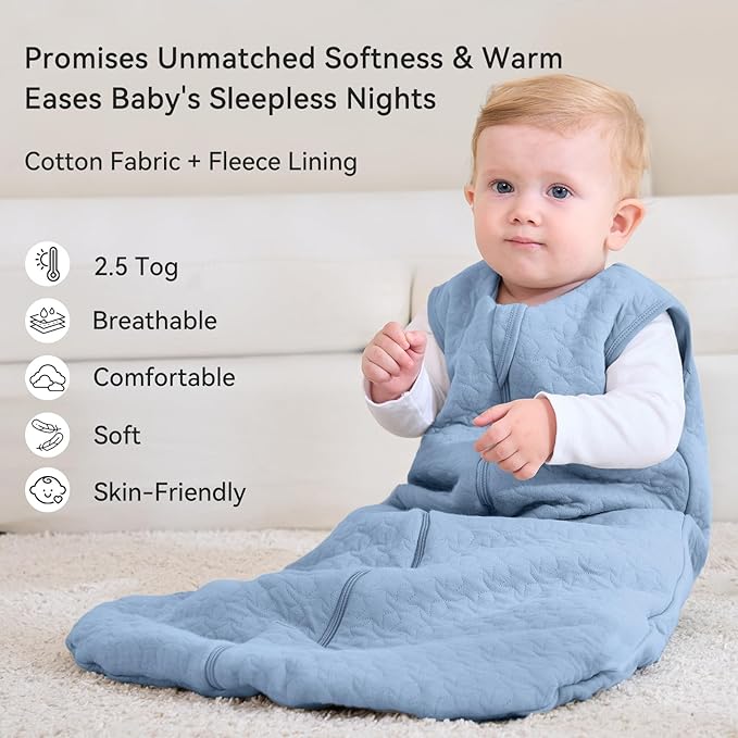 Unnivoll Baby Sleep Sack 0-6 Months TOG 2.5 Winter Baby Wearable Blanket, 100% Cotton Fabric Newborn Infant Sleeping Sack 2-Way Zipper Quilted Baby Sleep Bag, Warm Soft Blue
