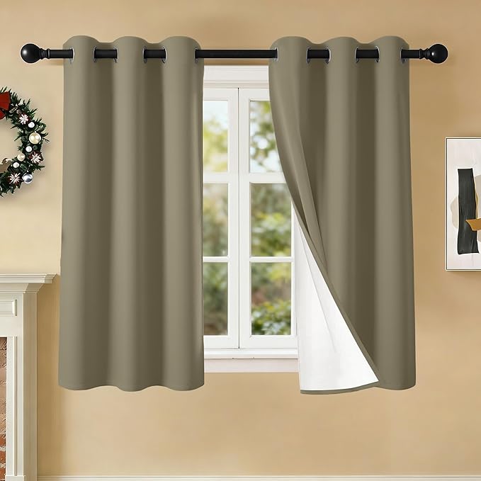 100% Blackout Curtains 54 Inch Length for Bedroom Living Room, Grommet Thermal Insulated Room Darkening Drapes, Light Blocking Window Treatment Decor, 2 Panels, 37x54, Taupe