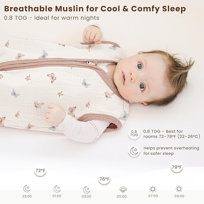 Konssy Muslin Baby Sleep Sack 0-6 Months 0.8 TOG, 2 Pack 100% Cotton Wearable Blanket for Babies, 2-Way Zipper Breathable Sleeping Sack Infant Toddler Essentials for Girls and Boys(Butterfly,Taupe)