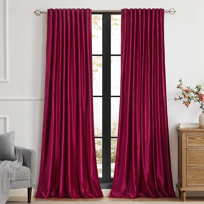 PRIMROSE Red Curtains 90 inch for Living Room Velvet Drapes Blackout Rod Pocket Back Tab Window Treatment Semi Room Darkening Decor Curtains for Bedroom Set of 2 Panels