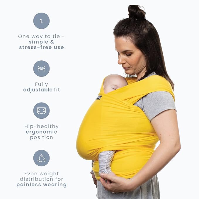 Cuddlebug Hands-Free Baby Carrier - Soft & Stretchy Wrap for Newborn to Toddler 7-35 lbs - One-Size-Fits-All Hip-Healthy Holder (Yellow)
