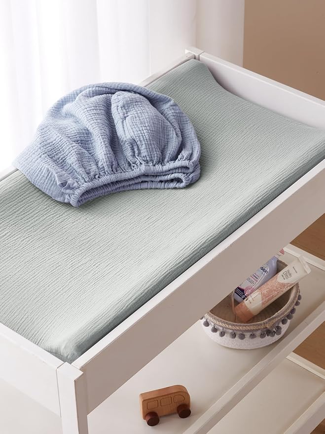 TILLYOU Muslin Changing Pad Cover for Baby Girls Boys, Soft and Breathable Cotton Diaper Changing Table Cover, 2 Pack(Grey&Blue)