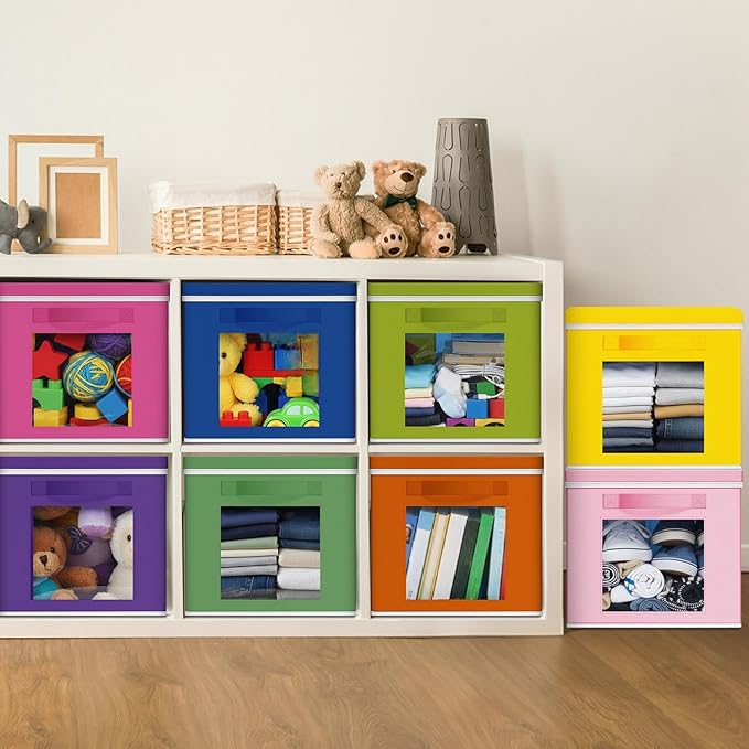 10 Pcs Fabric Storage Cube with Lid 11x11 Inch Fabric Storage Bins with Window Handle Collapsible Cube Organizer Basket for Shelves Closet Bedroom Office Clothes Book Stuffs (Rainbow)