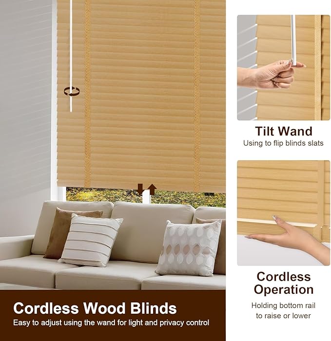 2" Cordless Wood Blinds for Indoor Windows Custom Blackout Blinds Room with Privacy Protection, Cordless Wooden Horizontal Window Shades for Bedroom, Living Room, Office, Kitchen, 42" W x 64" H