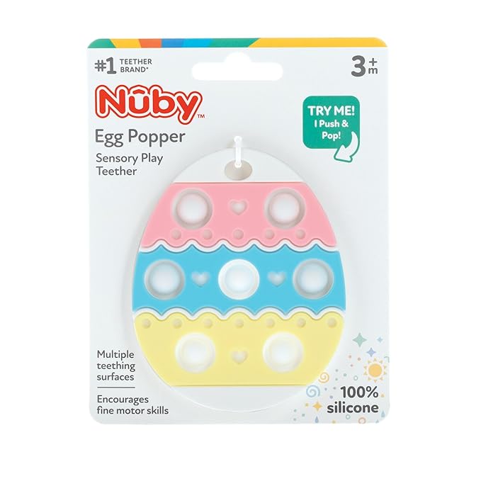 Nuby Easter Egg Popper Teether – Soft Silicone Teething Toy for Babies, 3+ Months, Sensory Pop Bubbles, Easy Grip Design