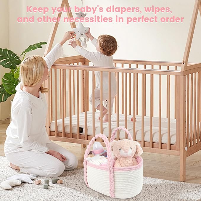Baby Diaper Caddy, Portable Diaper Organizer for Changing Table, Car Travel Girls Shower Gifts Newborn Essentials, Cotton Rope Nursery Storage Basket for Girls (White＆Pink)