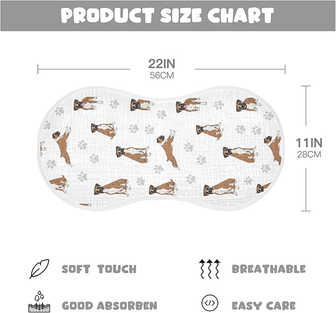 Qinllo 2 Pack Muslin Burp Cloths Boxer Dogs White Cotton Baby Burp Cloths Ultra Absorbent and Soft Burping Cloth for Baby Boys Girls 22x11 Inch