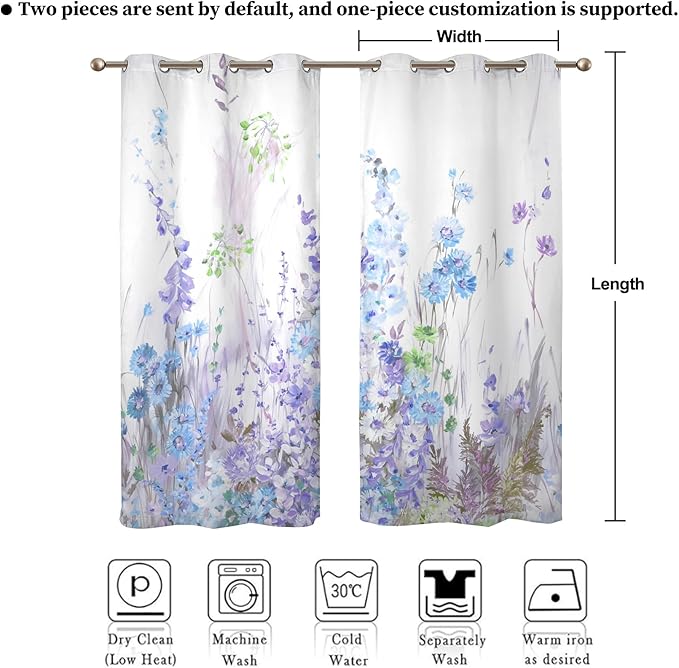Renaiss Purples Blue Floral Print Blackout Curtains, Pastel Wild Flowers Thermal Insulated Bedroom Window Curtains, Spring Floral Art Window Curtains for Kitchen, 55" L x 29" W 2 Panel Set