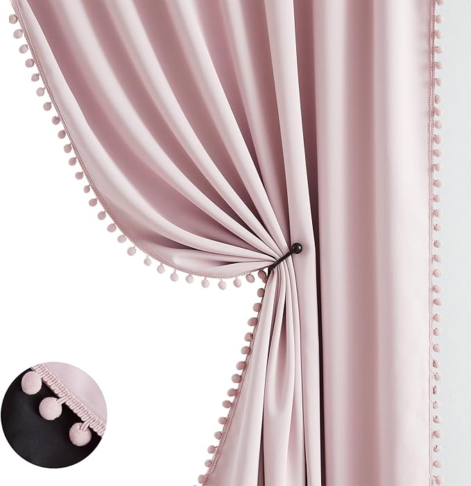 Pink Blackout-Curtains for Bedroom Pom Pom Thermal Insulated 100% Full Blackout Curtain Panels for Girls Baby Nursery Room 90 inch Energy Efficient Window Drapes for Kids 52"w x2 Panels Rod Pocket