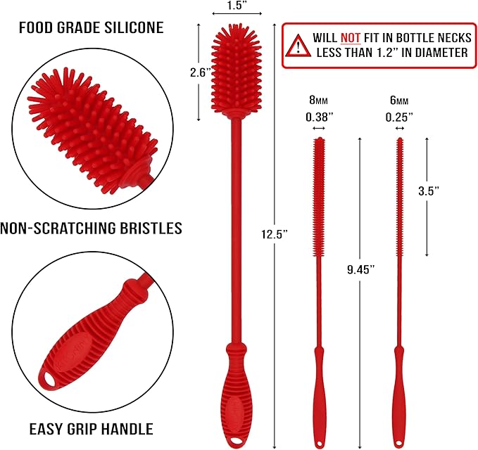 Kitchiny 12.5" Silicone Bottle Brush & Straw Cleaner Brush Set | Water Bottle Cleaner for Hydro Flasks, Tumblers, Glassware, Vases and Narrow Neck Containers