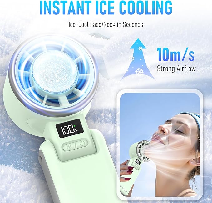 Upgraded Portable Handheld Fan with 60°F Ice Cooling, Up tp 12Hrs Hand Held Portables Fans, 5 Speed 25550RPM Powerful Portable Fan Handheld, Hand/Neck/Desk Fan 3 IN 1(Green)