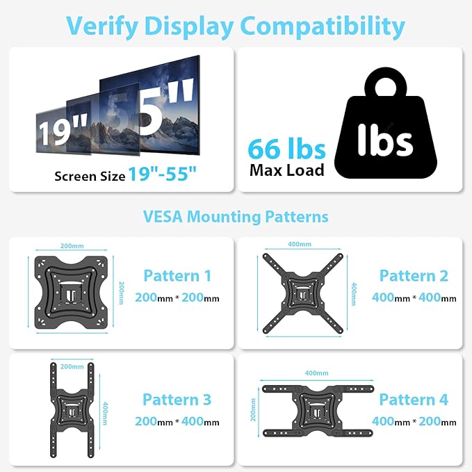 Full Motion TV Wall Mount,Swivel Tilt Extension with Articulating Arms,Tvs Brackets for Wall Mount with VESA 400x400mm up to 66lbs Max,Universal TV Mount for 19-55 inch LED Monitors Flat Screen.