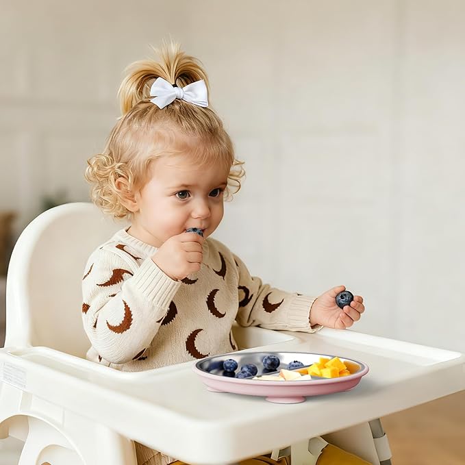 Bakpoco Stainless Steel Baby Plate with Suction, 8” Divided Toddler Plates with Removable Silicone Sleeves for Kids, Non-Toxic Non-Slip Unbreakable Dishwasher Safe Dinnerware Set of 2, Pink & Lilac