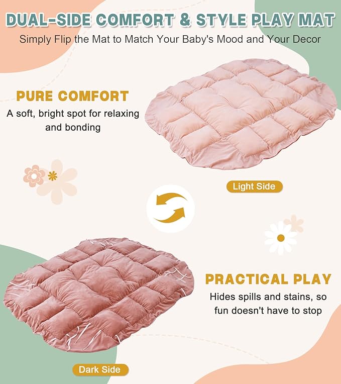 5-in-1 Baby Play Gym and Tummy Time Mat, Tummy Time Pillow & 12 Learning Cards, Plush Activity Mat with 6 Toys, Baby Gym, Convertible to Ball Pit, Baby Gift, Pink
