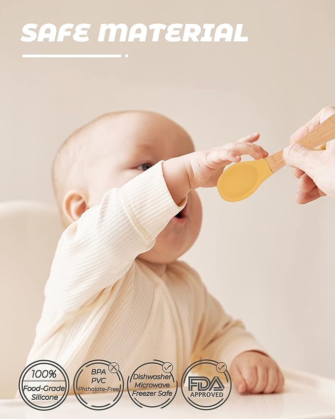 10pcs Bamboo & Silicone Baby Spoons & Forks - First Stage Baby Led Weaning, Chewable Utensils for Self-Feeding, Over 6 Months