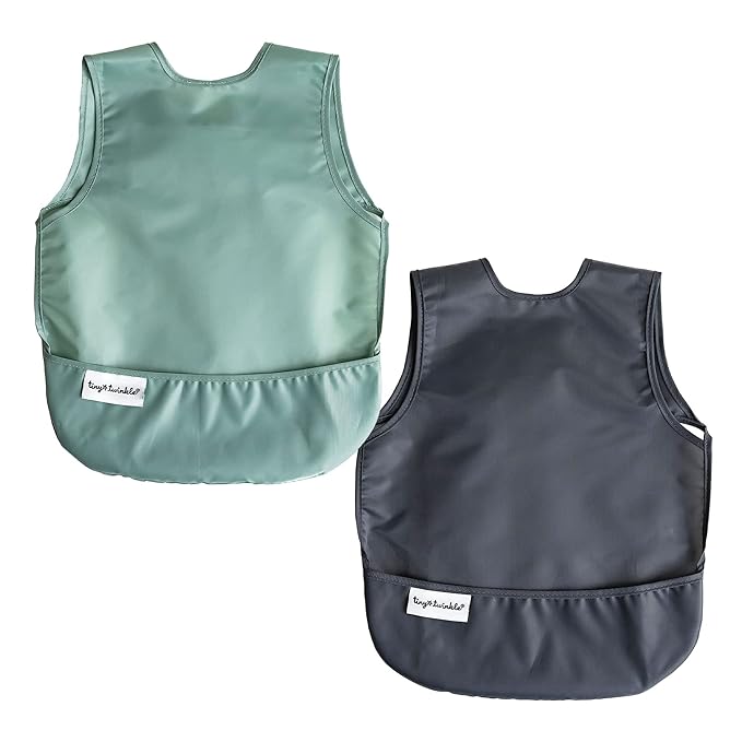 Tiny Twinkle Mess Proof Baby Bibs | 2 Pack Waterproof Toddler Bib for Eating | Baby Apron for Feeding, Machine Washable, Perfect Shower Gift (Sage Charcoal, 2-4Y)