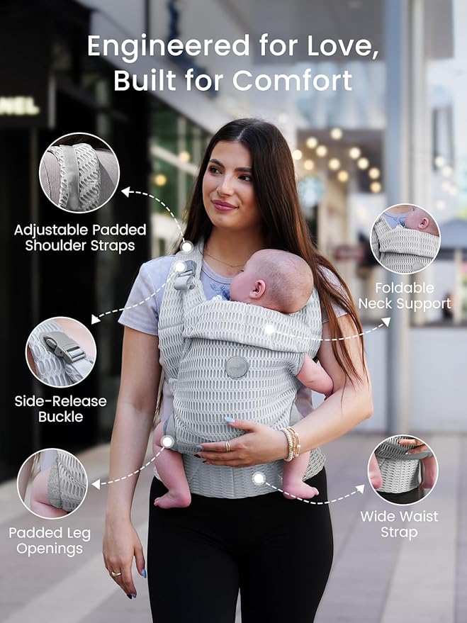 GROWNSY Baby Carrier Newborn to Toddler (7-44lbs), Ergonomic & Cozy Wraps Carrier with One-Click Buckle, Head Support for Hands-Free Comfort, Design for Infant to Toddler, Silver Grey