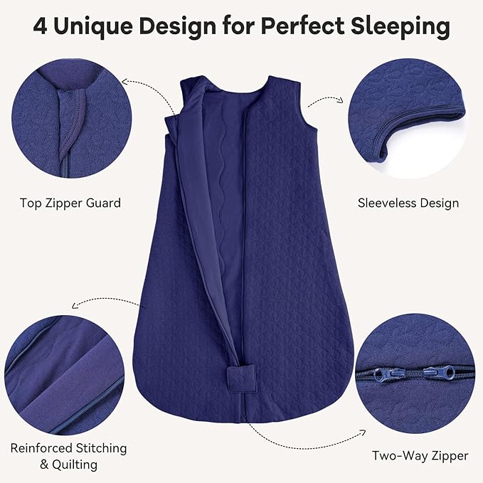 Unnivoll Baby Sleep Sack 0-6 Months TOG 2.5 Winter Baby Wearable Blanket, 100% Cotton Fabric Newborn Infant Sleeping Sack 2-Way Zipper Quilted Baby Sleep Bag, Warm Soft Navy Blue