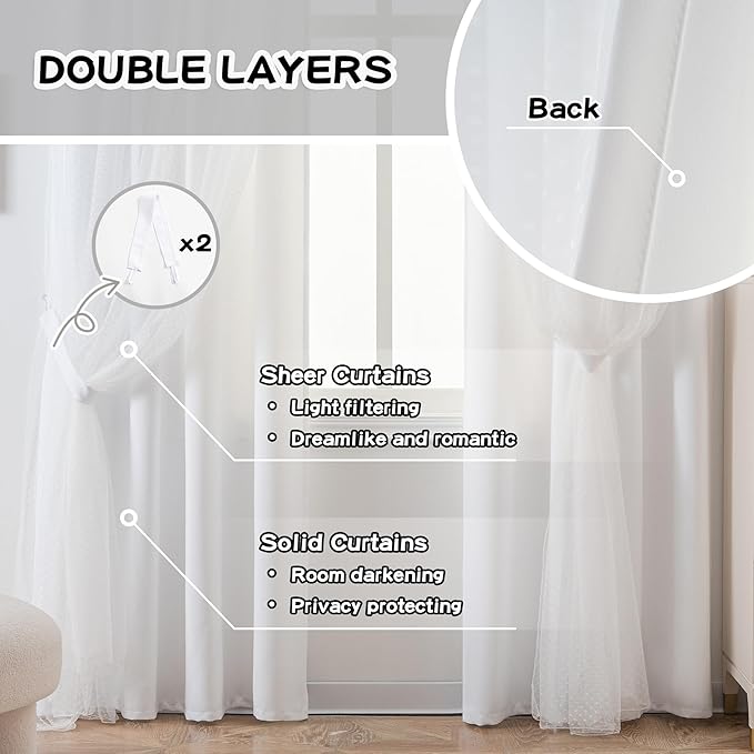MYSKY HOME White Curtains for Girls Bedroom & Nursery Kids Cute Short Curtains for Small Windows 54 Inch Long Double Layer with Polka Dots Sheer, Grommet Tops, 52" Wide Each Panel, 2 Panels