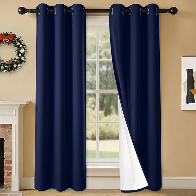 100% Blackout Curtains 72 Inch Length for Bedroom Living Room, Grommet Thermal Insulated Room Darkening Drapes, Light Blocking Window Treatment Decor, 2 Panels, 37x72, Navy Blue
