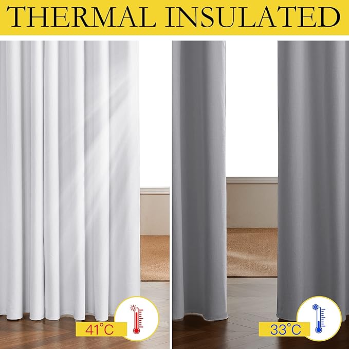 NICETOWN Back Tab 100% Blackout Linen Curtains with Thermal Insulated White Liner, White, 52" Wide, 84" Length Energy Saving Curtains for Living Room 2 Panels Set, Vertical Blinds