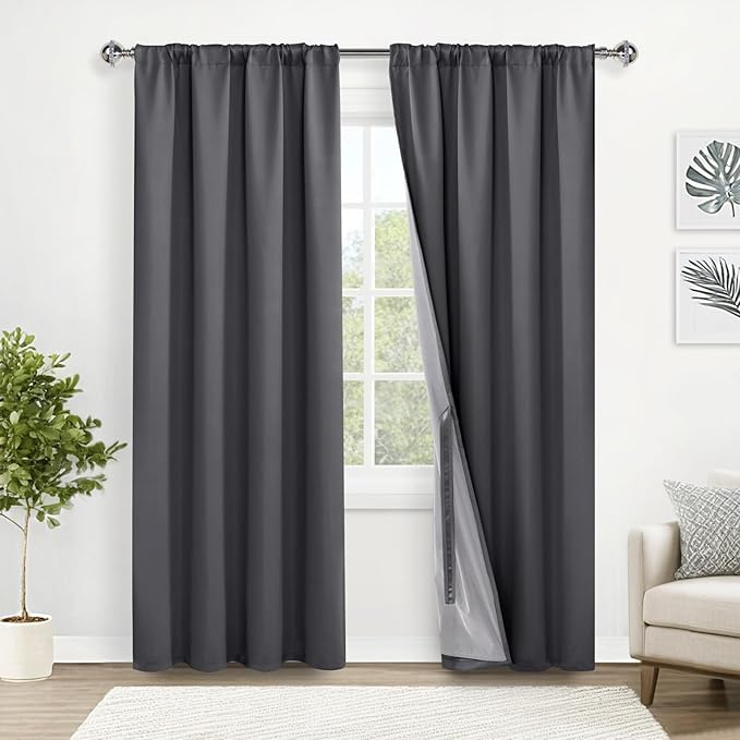 XWZO 100% Blackout Curtains 84 Inches Long with Tiebacks- Heat and Full Light Blocking, Thermal Insulated Window Panels for Bedroom/Nursery, Rod Pocket & Back Tab, Dark Grey, W52 x L84, Set of 2