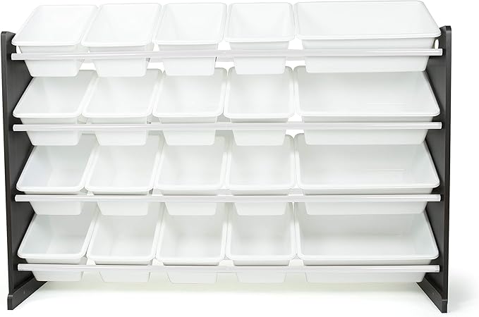 Humble Crew Extra-Large Toy Organizer with 20 Plastic Bins – White/Espresso Storage Rack with 4-Tier Shelves, Anti-Tip Safety, for Kids’ Rooms, Playrooms, Nurseries & Classrooms