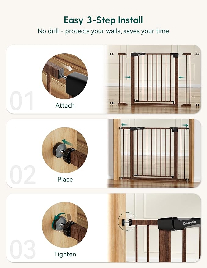Babelio Baby Gate with Black Wood Pattern, 29-48 Inch Auto Close Dog Gate PressGuard P7 for The House, Stairs and Doorways, Pressure Mounted Pet Gate with Door and Y Spindle Rods