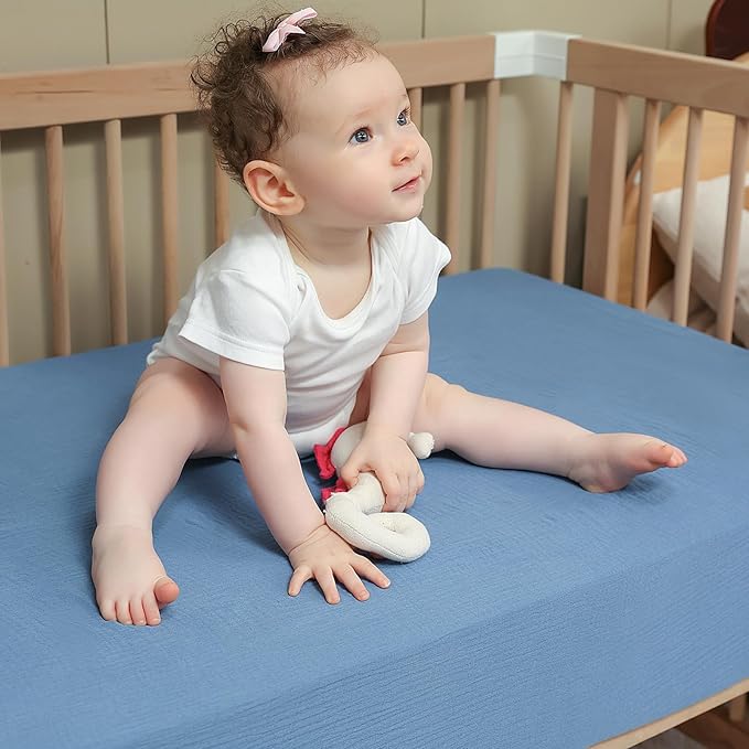 Muslin Neutral Crib Sheets for Boys & Girls 2 Pack Blue Set 28"x 52" Rutiwa Soft Breathable Baby Sheets for Crib Organic Cotton Fitted Sheets for Toddler Bed & Standard Crib Mattress Boho Style