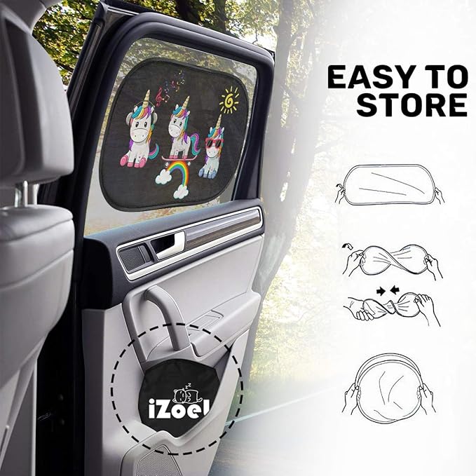 Car Sun Shade for Baby Kids 2 Pack Static Cling Side Window Car 80GSM Rear Sunshades Universal with 8 Suction Cups and Storage Bag - Sun Glare and UV Rays Protection (Unicorn)