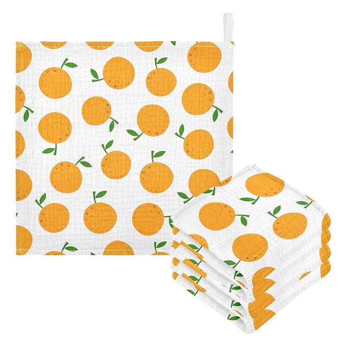 vvfelixl Baby Washcloths Cotton Cartoon Oranges Baby Muslin Washcloths Soft Baby Face Towel for Newborn Infants Baby Wipes, 11.8 X 11.8 Inch, 5 Pack White