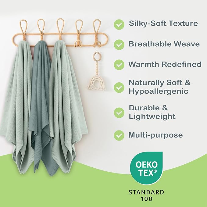 100% Organic Cotton Muslin Baby Blanket - 47 x 47 Inch Breathable Swaddle Blankets for Newborns, Hypoallergenic Double-Layer, Soft and Cozy Baby Blankets for Everyday Use (Green/Mint Green)