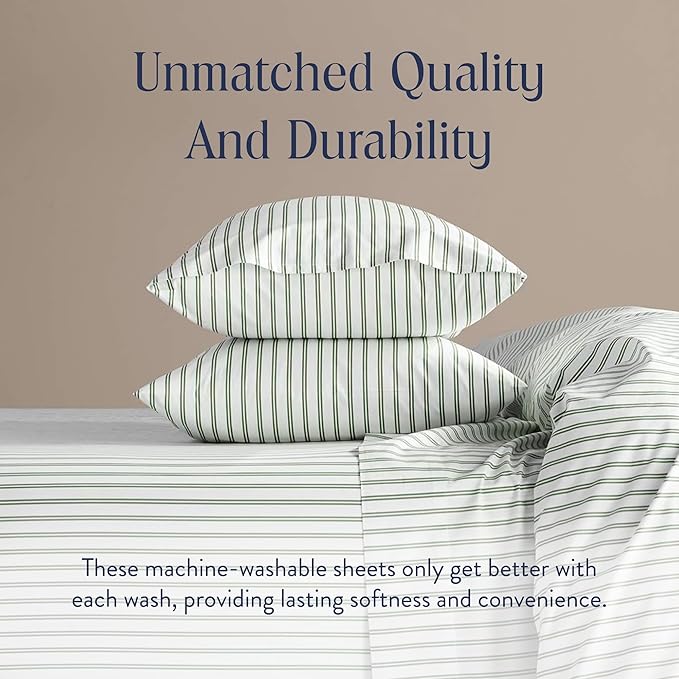 Brooklinen Luxury Sateen 4 Piece Sheet Set - 100% Cotton Bed Sheets, Durable Cali King Size Sheets Set in Green Tandem Stripe, Oeko-TEX Certified Bedding Set,1 Fitted Sheet,1 Flat Sheet,2 Pillowcases