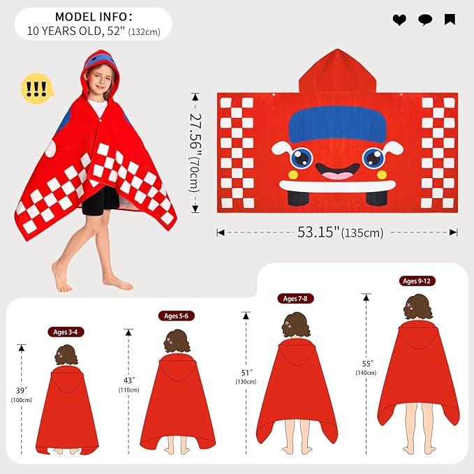 OLAOLA Car Hooded Towel for Kids 3-12 Years, 28" x 53" Soft Thick Absorbent Beach Towels, Toddler Bath Towel Wrap Swim Pool Towels Poncho for Boys Girls