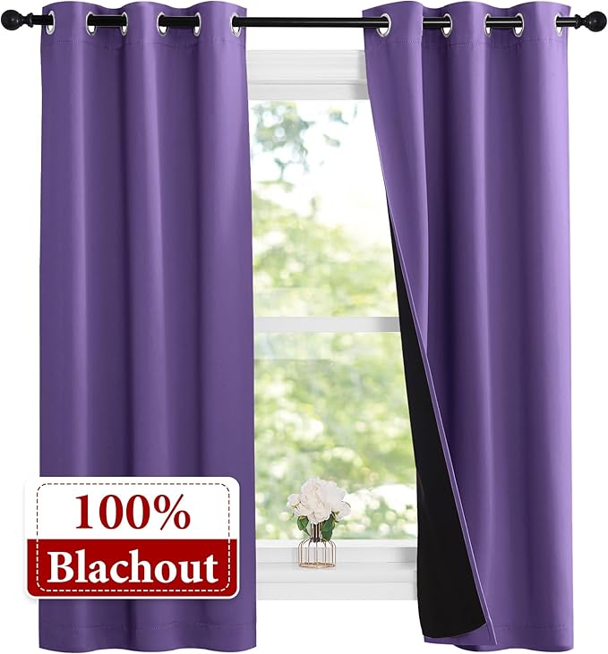 NICETOWN 100% Blackout Short Curtains with Black Liners, Solid Thermal Insulated Full Blackout 2-Layer Lined Drapes, Energy Efficiency Window Drapes for Bedroom (2 Panels, 37"W by 63"L, Lilac Purple)