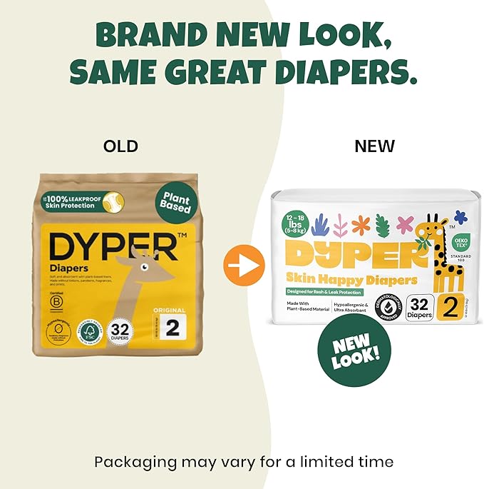 DYPER - Baby Diapers Size 2 (32 Count) - Plant Based Disposable Diapers for Day and Overnight Premium Leak Protection, Skin-Friendly Comfort with Soft Size 2 Diapers (12-18 lbs)